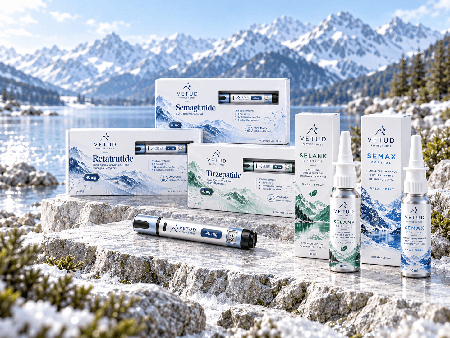 The complete VETUD Peptide Series: Retatrutide, Tirzepatide and Semaglutide pen kits with Selank and Semax sprays beside an alpine lake